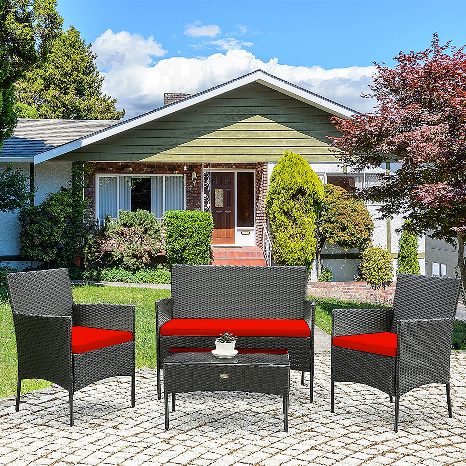 4PCS Outdoor Furniture Set Patio Rattan Conversation Set w/ Red Cushion
