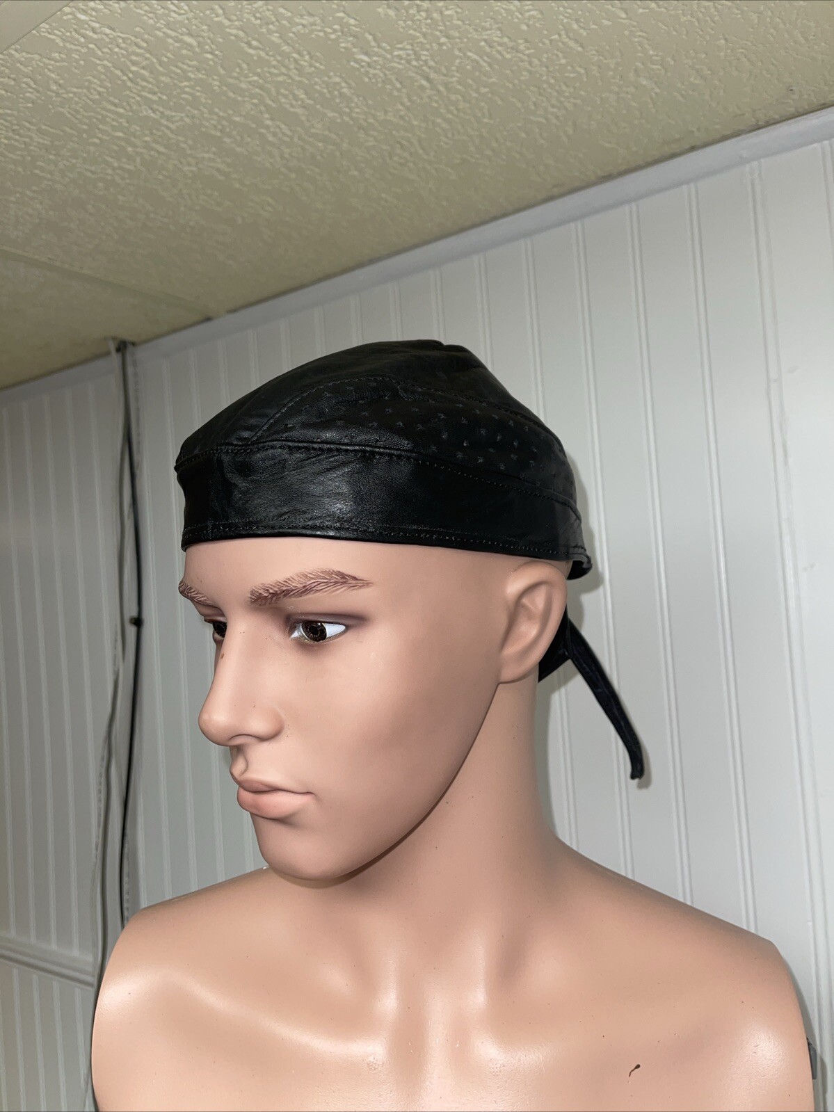 Vintage NOS 1980s Black Leather Tie Back Motorcycle Skull Cap