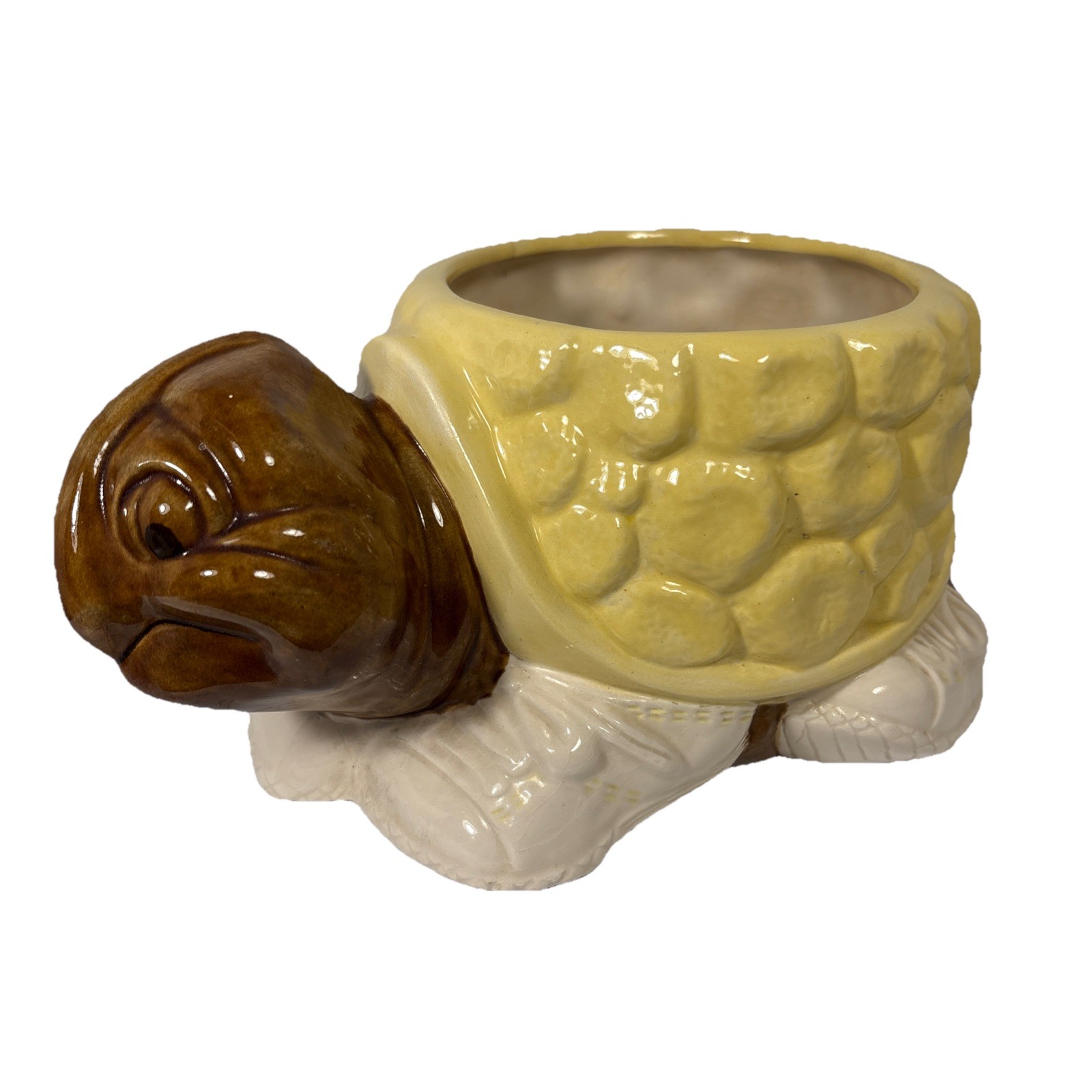 Planter Turtle Wearing Sneakers 11” Long Yellow Brown Excellent Condition