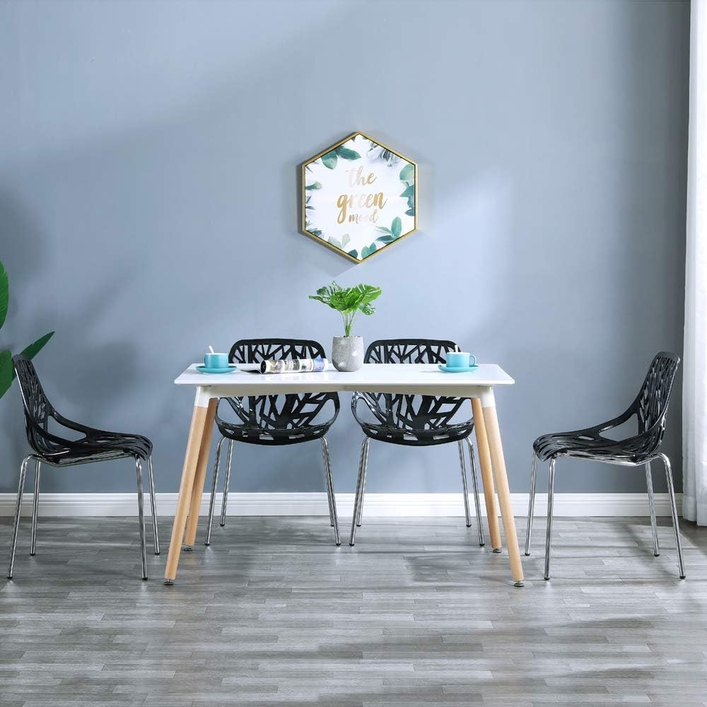 Modern Stackable Dining Chair Set of 4, Black, Plastic Birch Sapling Chairs for