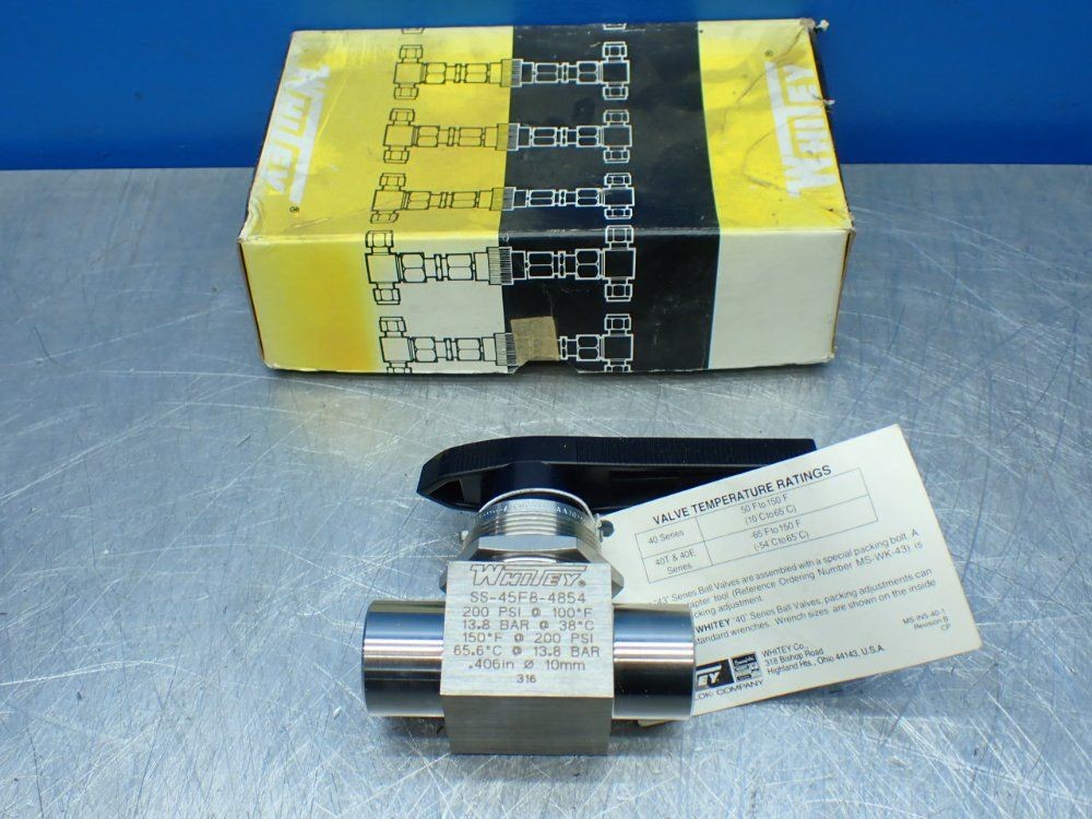 WHITEY SS-45F8-4854 STAINLESS STEEL BALL VALVE. 200PSI @ 100F 10251700732