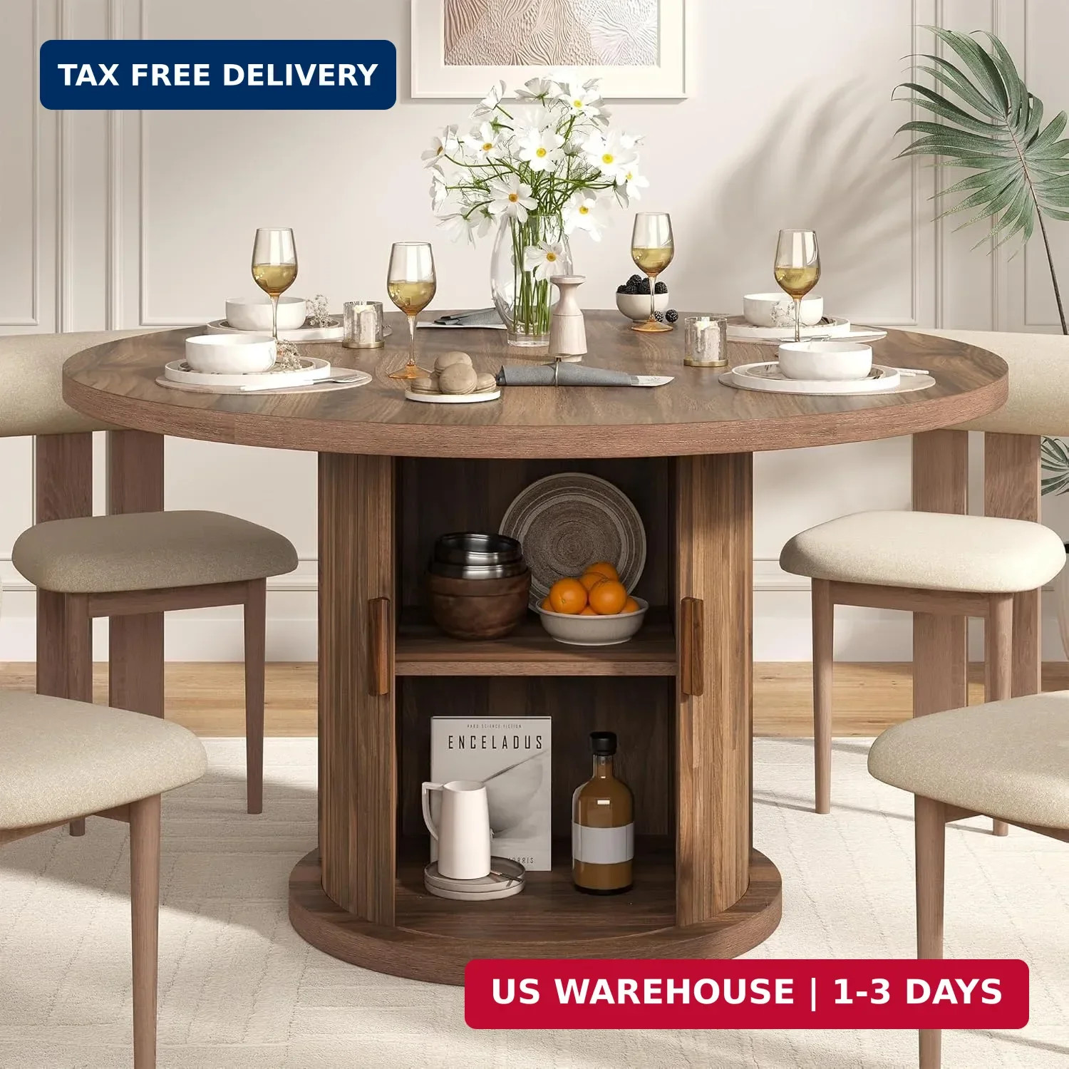 47.24" Round Dining Table for 4, Farmhouse Fluted Kitchen Tables Dining Room Cir