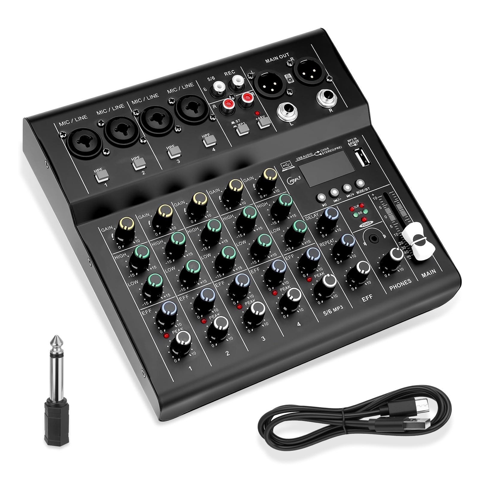 6 Channel Professional Audio Mixer Console - USB, Bluetooth, 48V Phantom Power
