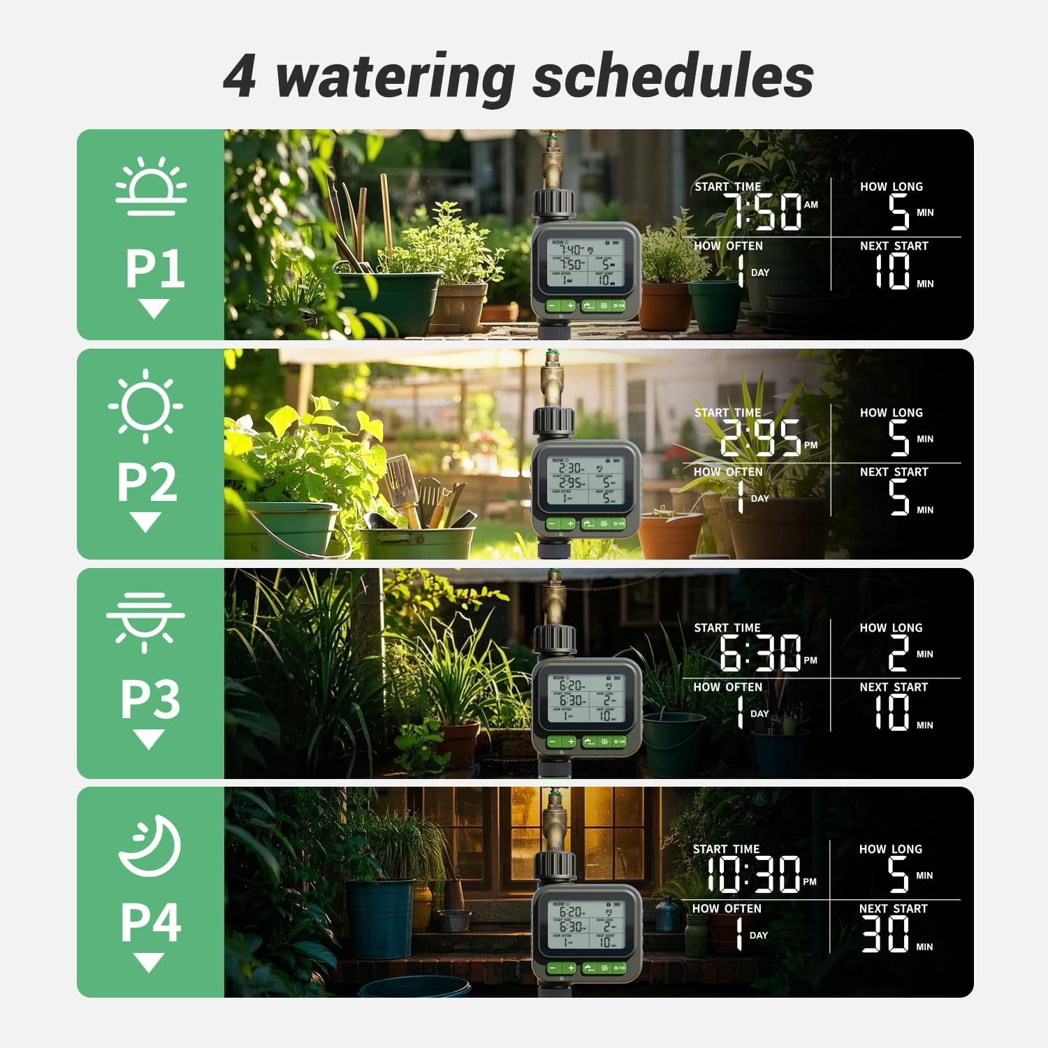 VODESON Sprinkler Timer System w/Brass Splitter|Programmable Stand, Green