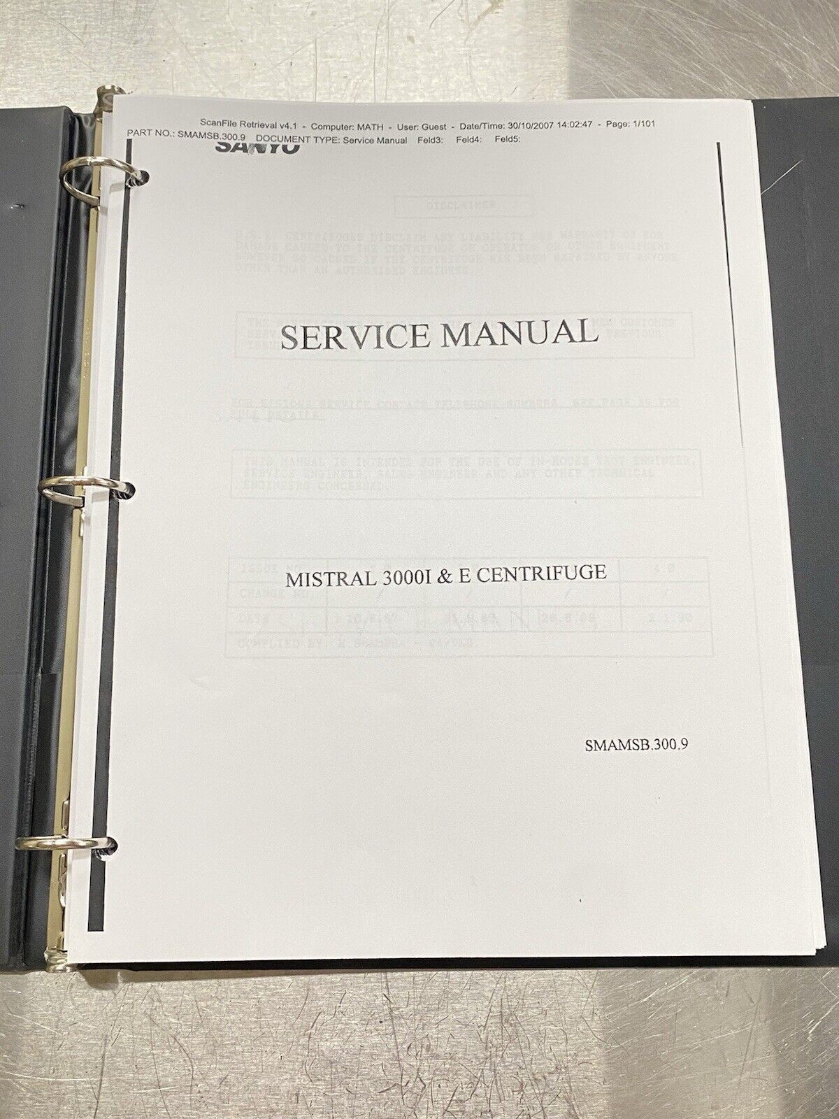 Sanyo Mistral 3000I &E Centrifuge - Instructions Manual / Service Guide