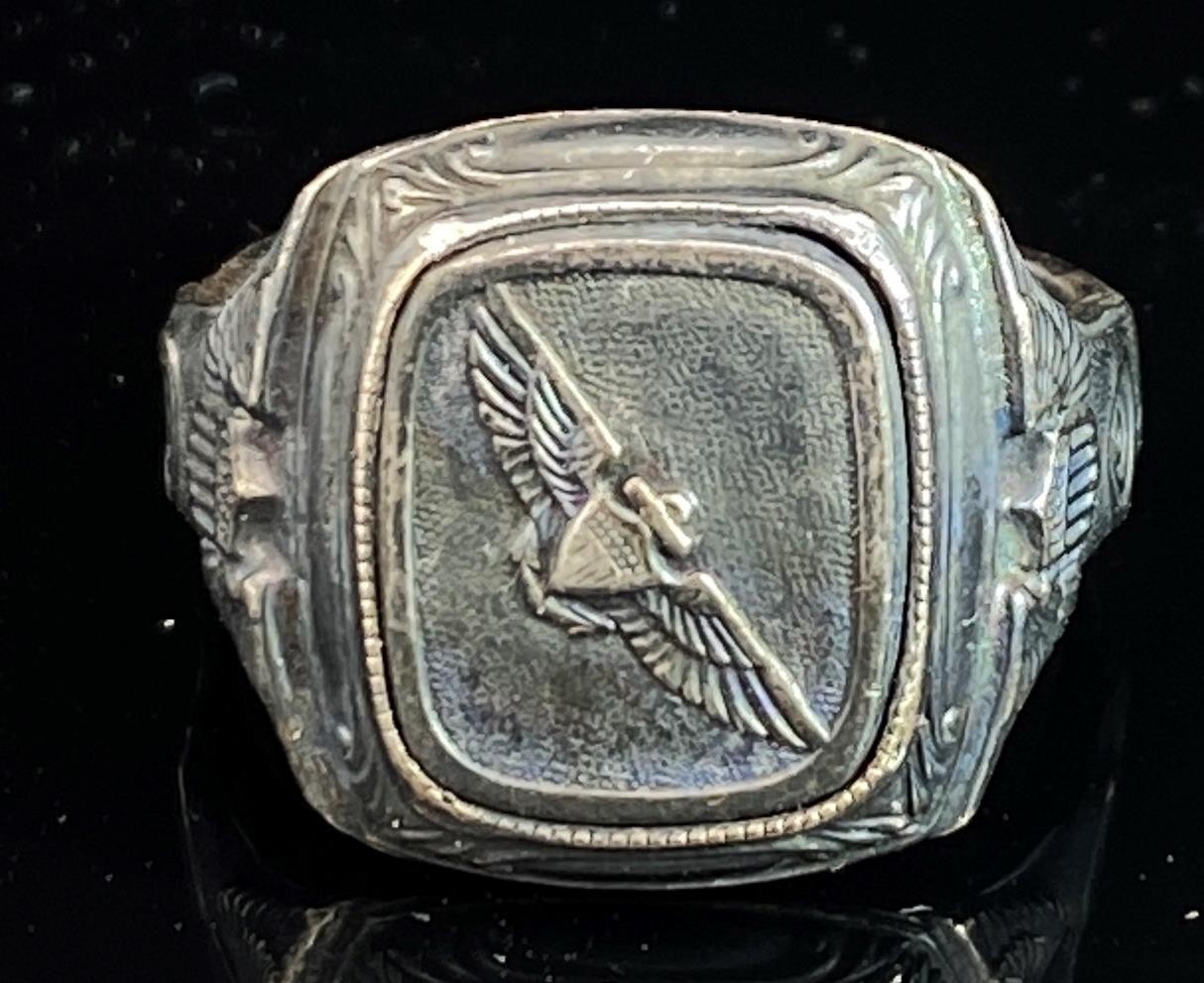 925 10k WWI or WWII US Naval Aviator Flight Wings Signet Ring Sz 9 R254