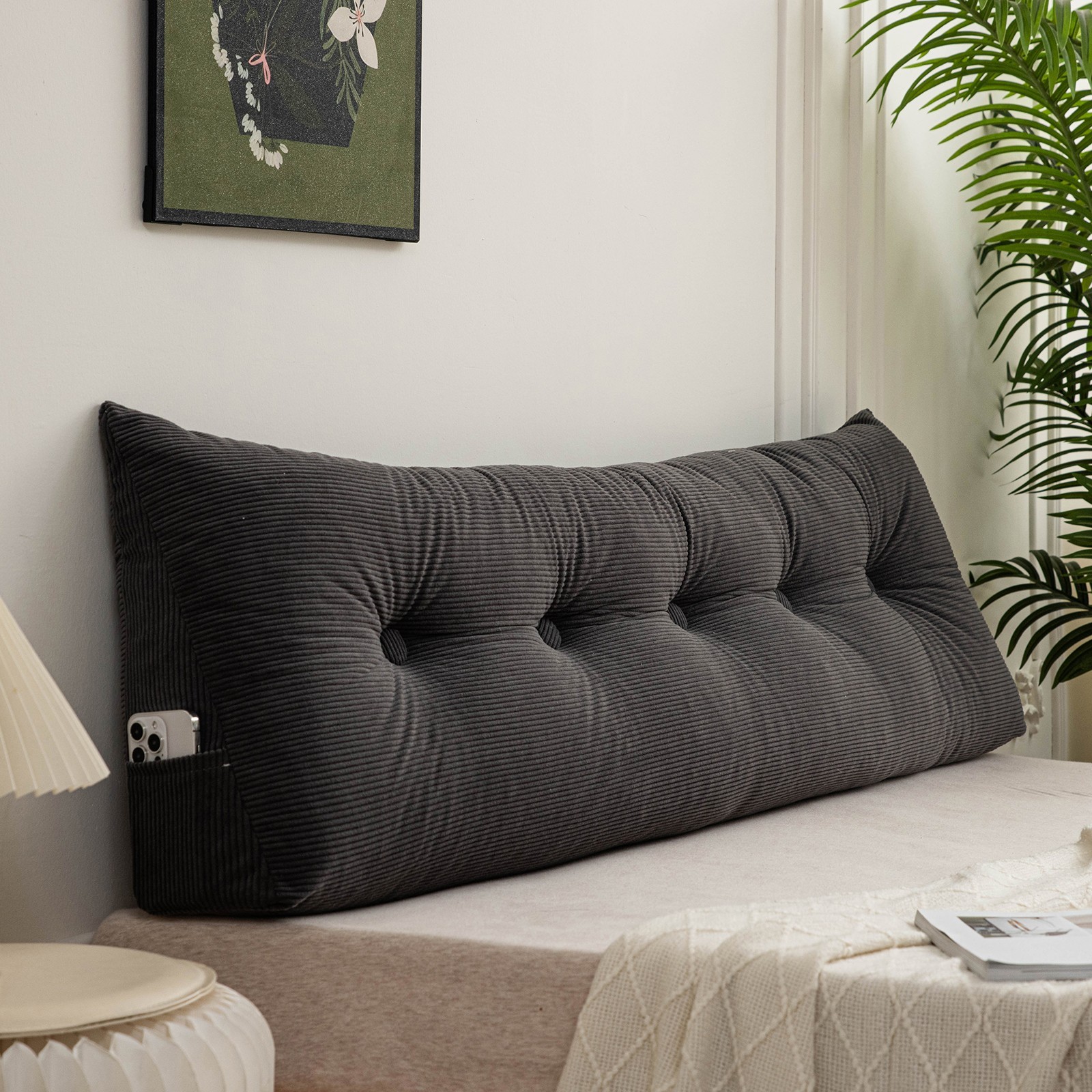 Triangular Headboard Pillows w/Side Pocket Corduroy Wedge Reading Pillow for Bed