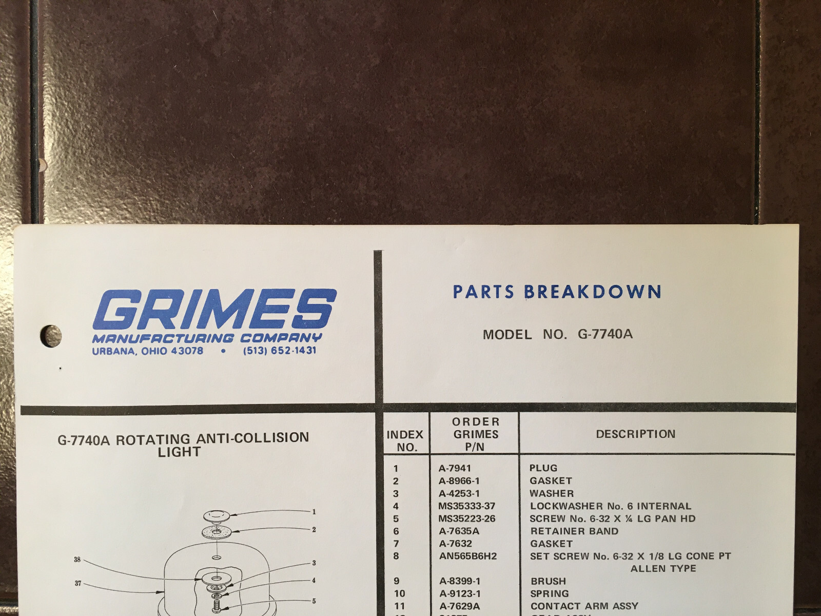 Grimes G-7740A Parts Breakdown Instruction Sheet