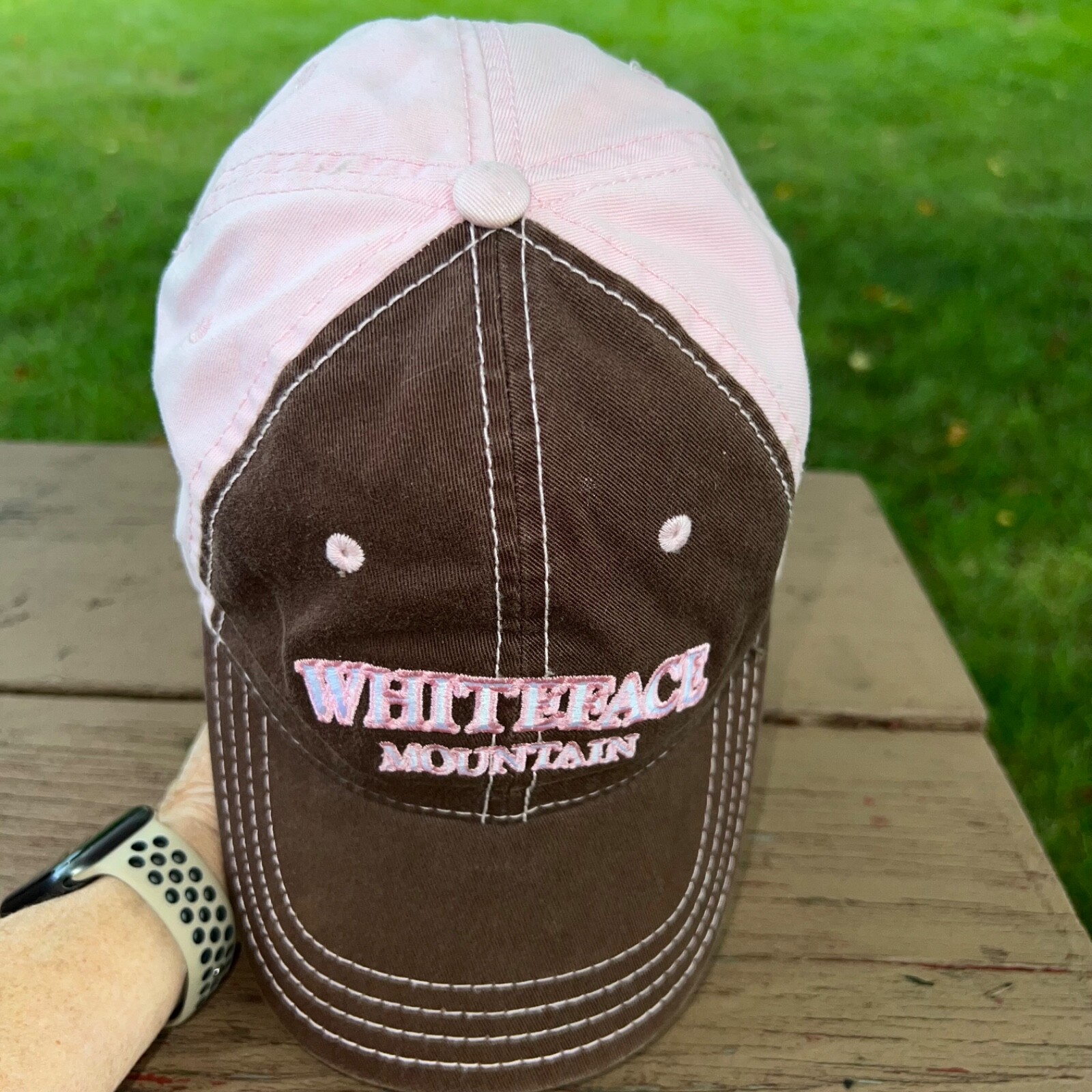 Whiteface Mountain Pink and Brown cotton Hat Cap Hook Loop VGC