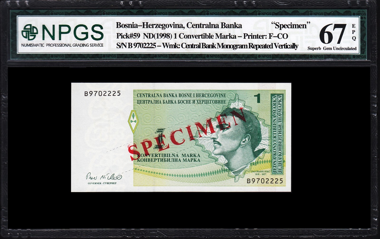 Bosnia Herzegovina 1 Maraka 1998, UNC (67) , SPECIMEN, P-59s