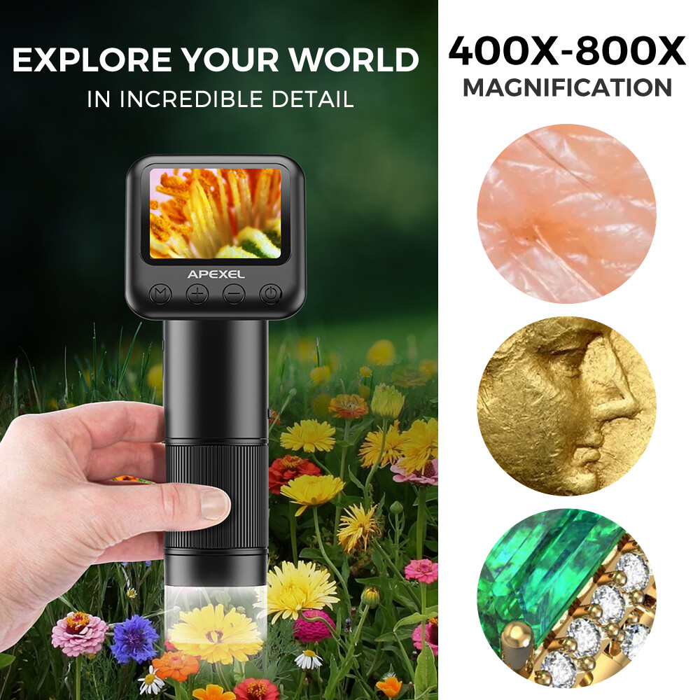 APEXEL Pocket Handheld 800X Microscope Digital Microscope Camera LCD Screen USB