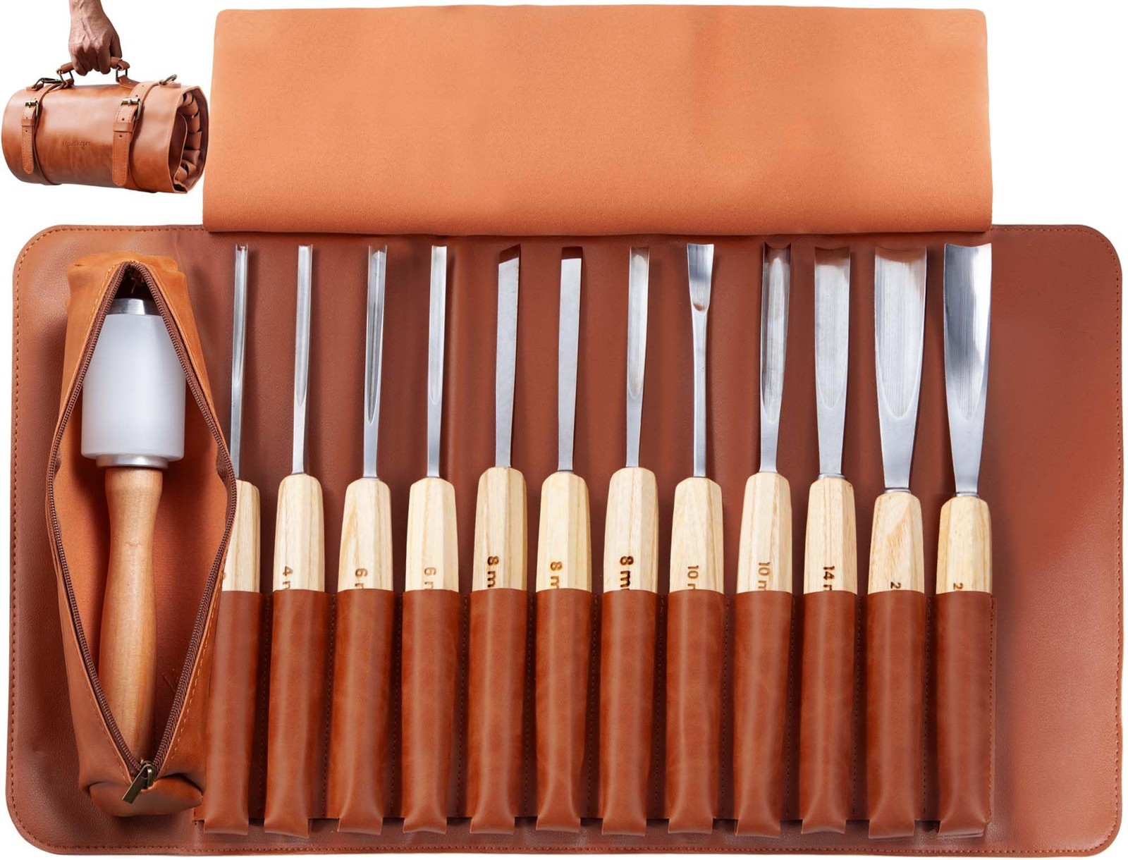 Wood Carving Tools, Wood Carving Kit of 12 Chisels, 1 Nylon Hammer & Leather ...