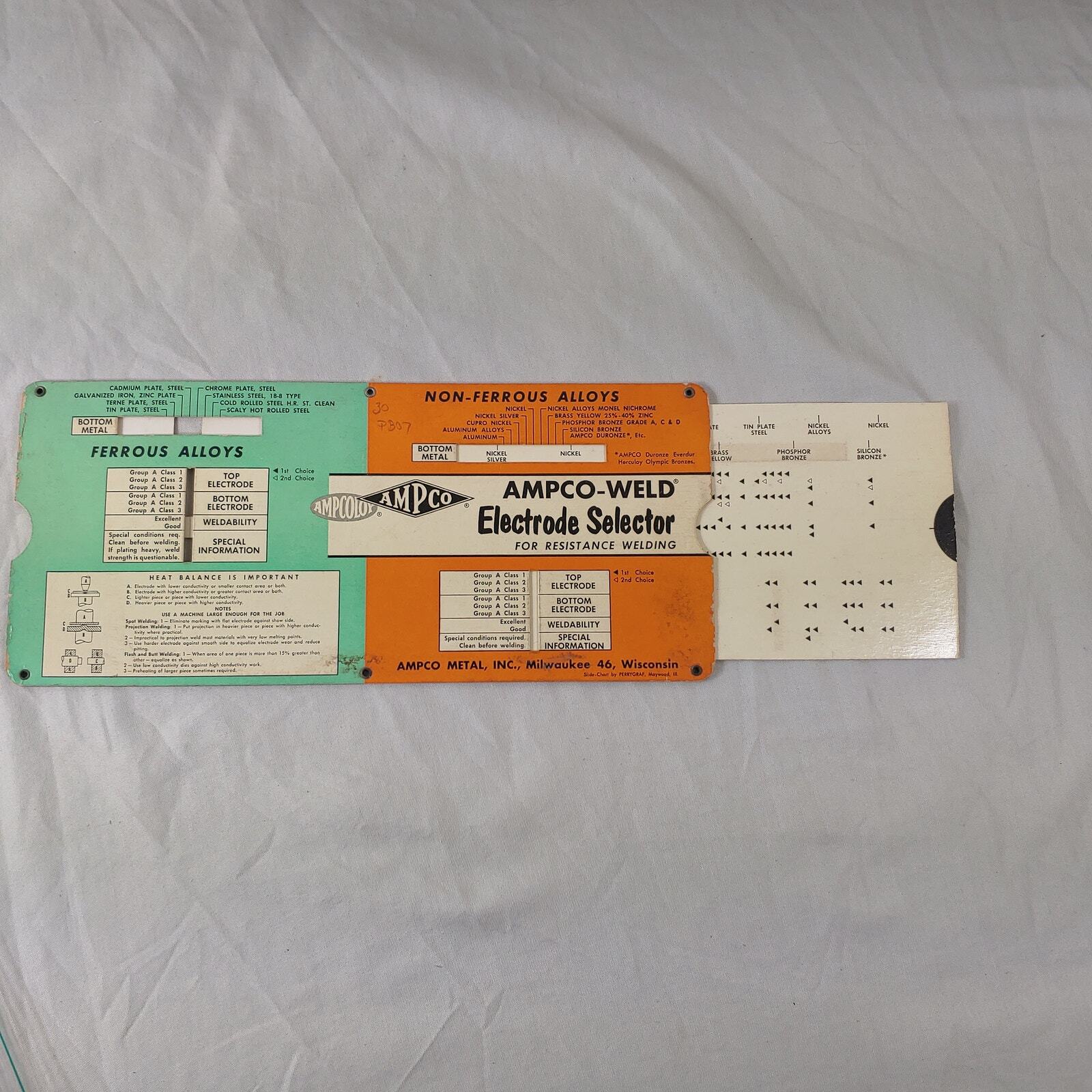 Ampco-Weld Electrode Selector for Resistance Welding Card. 1955 Data Chart