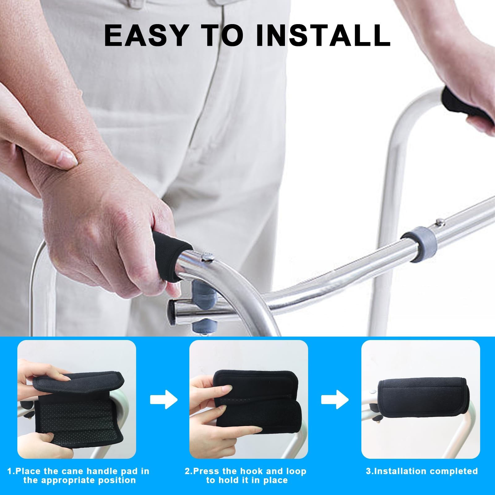 2 Pack Walker Handle Cushions - Grip Covers Pads - Padded Hand Black