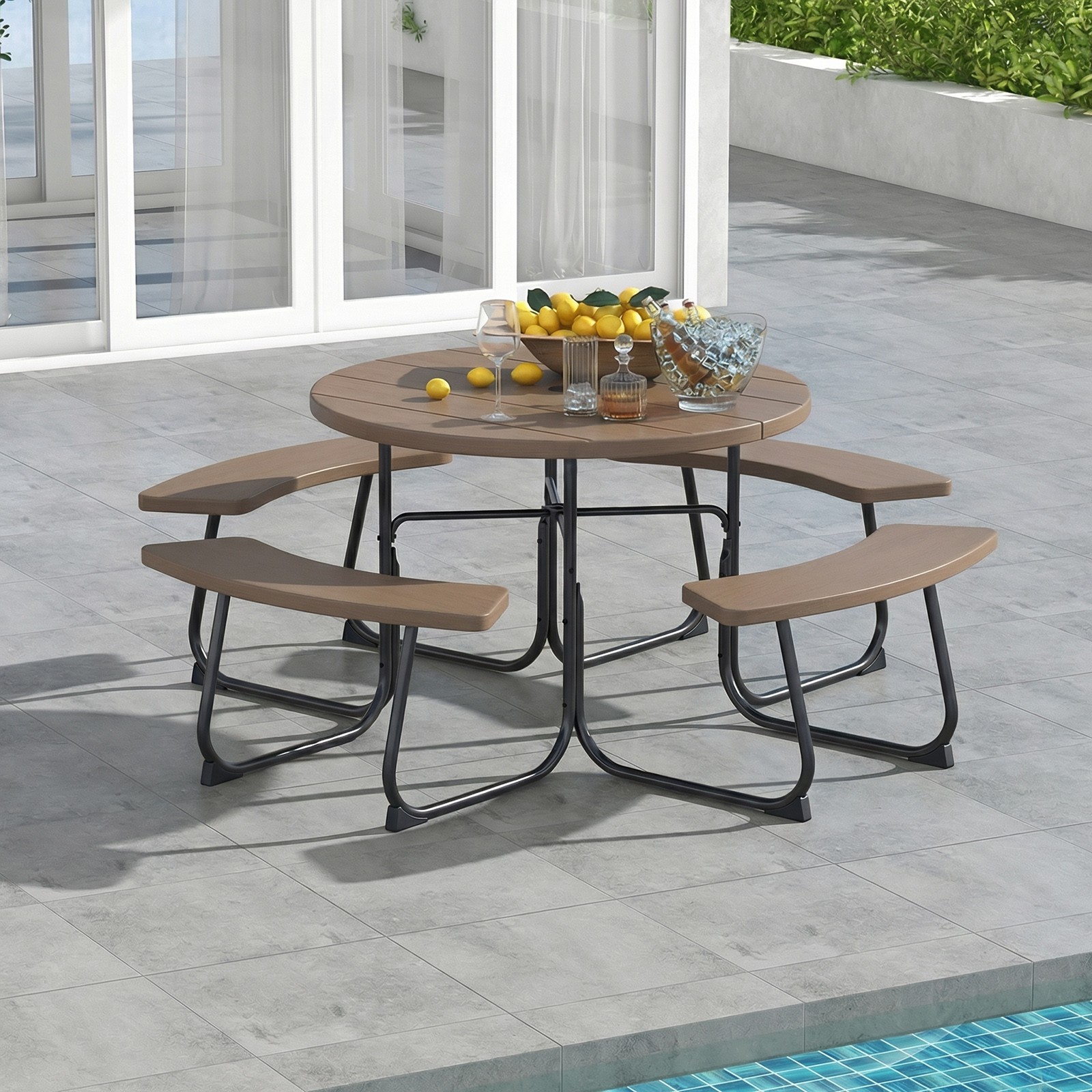 Outdoor 8-person Round Picnic Table Bench Set w/ 4 Benches & Umbrella Hole Black