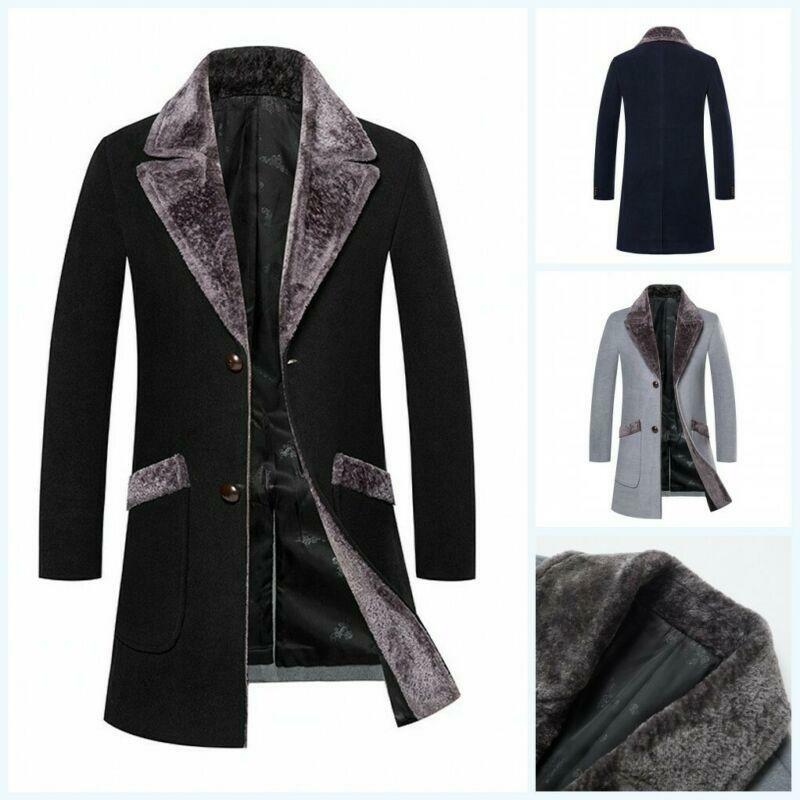 Men's Slim Woolen Jacket Outwear Fur Collar 2 Buttons Trench Coats Business New