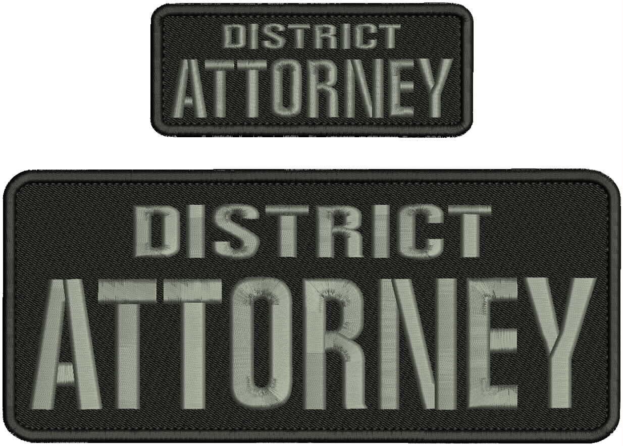 District Attorney 2 Embroidery Patches 10x4 And 5x2 Hook On Back Gray On Black