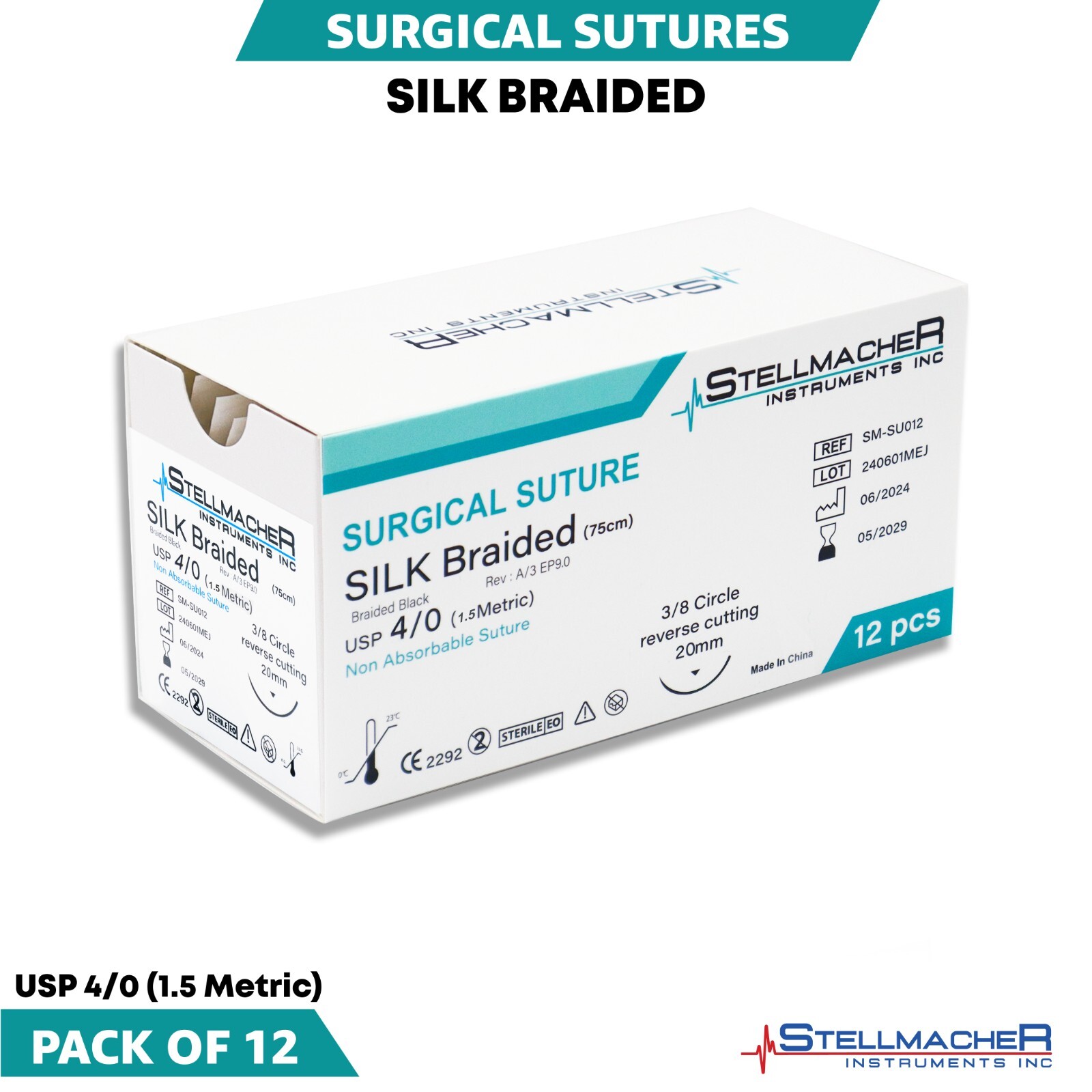4/0 Silk Braided Sutures Threads & Needles Training Sterile Suture 12 Pcs Box