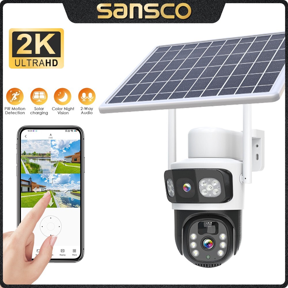 2PCS Solar 4MP Wireless Security Camera WIFI 2-Way Audio Dual-Lens PTZ Camera