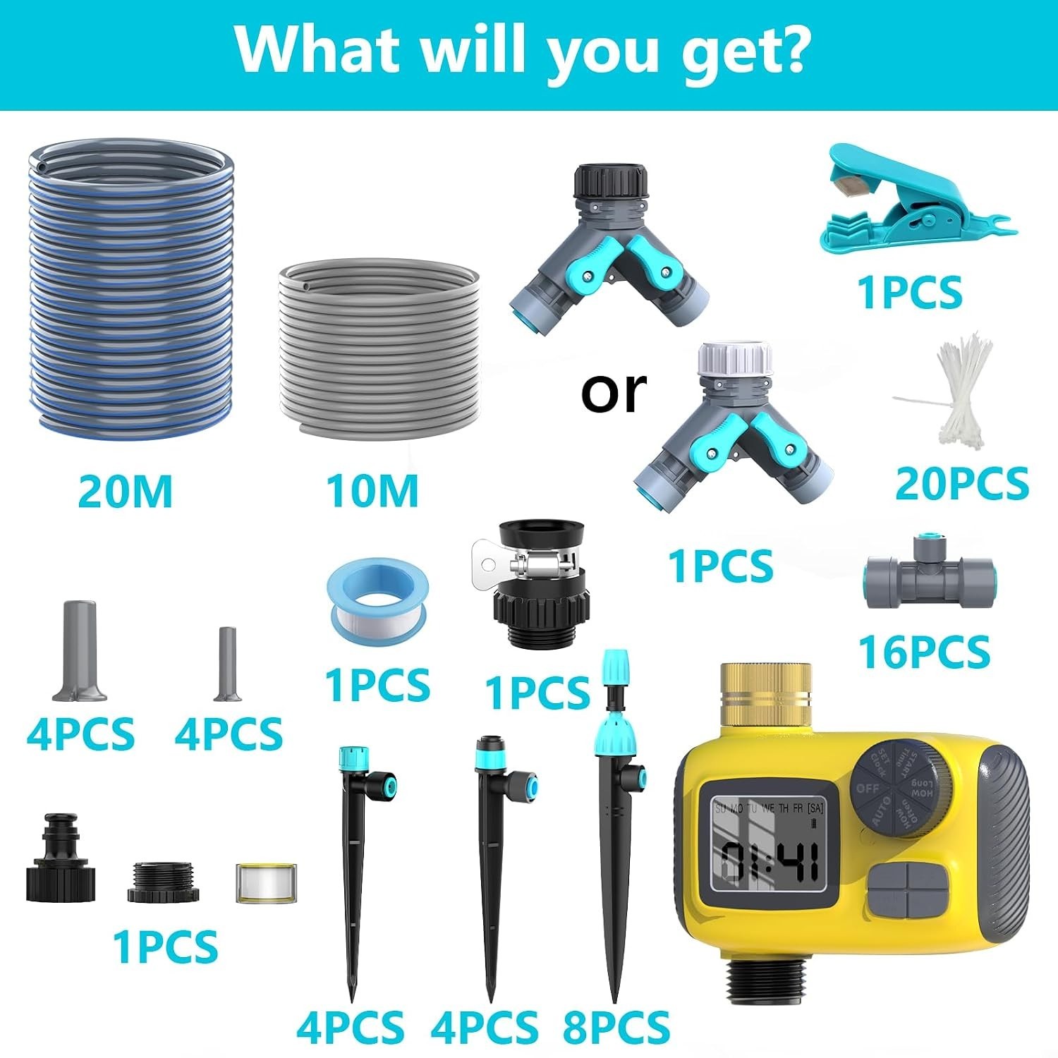100FT Drip Irrigation System with Timer & 16 Adjustable Nozzles for Garden