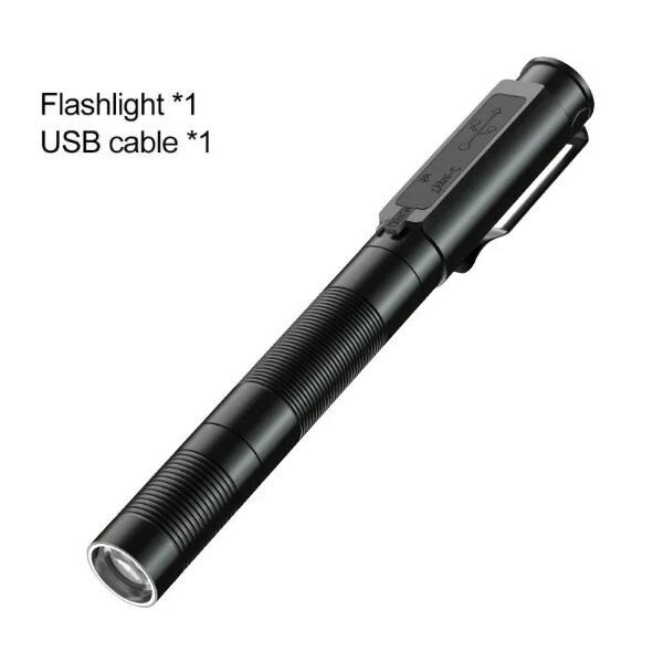 LED Flashlight USB Rechargeable Pen Light Zoom Waterproof Small Torch