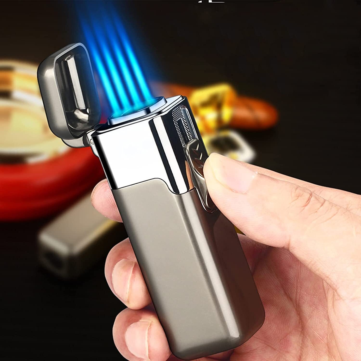 Torch Lighter Quad 4Jet Blue Flame Refillable Butane Cigar Lighter with Punch US
