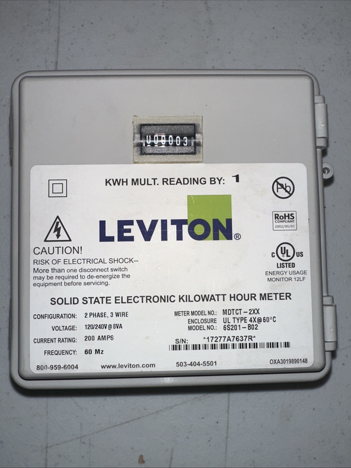 Leviton 6S201-B02 Solid State Electronic Kilowatt Hour Meter