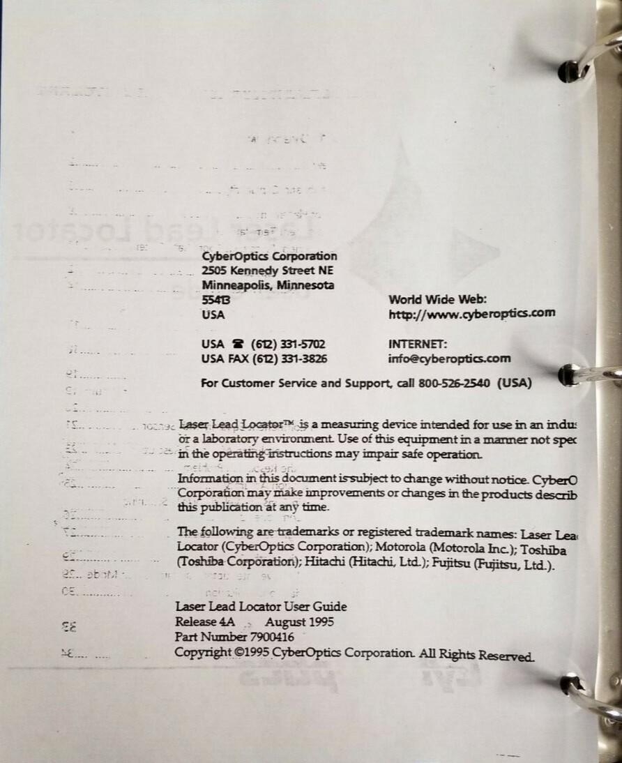 Panasonic Panasert Cyber Optics Laser Lead Locator Users Guide Binder