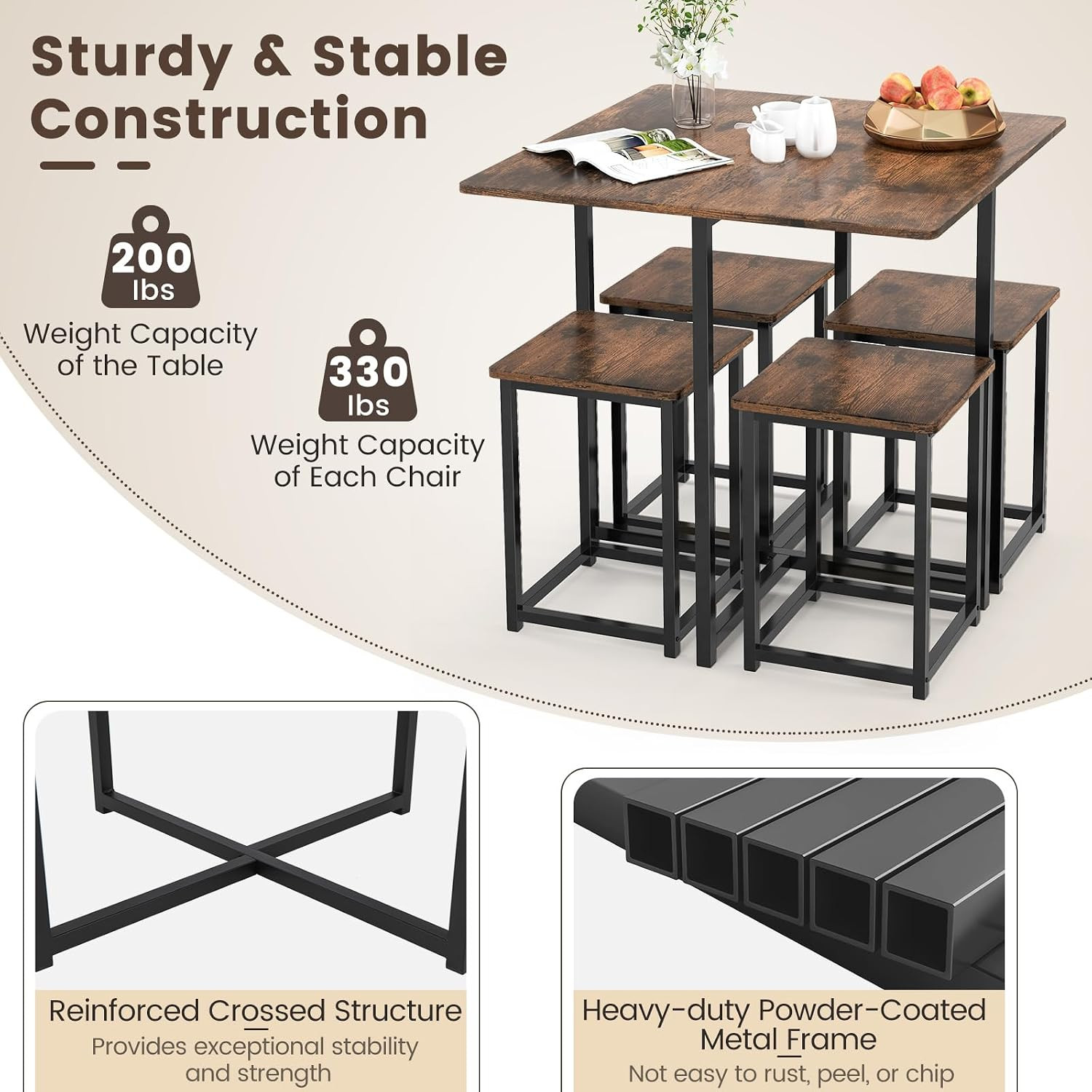 Compact Dining Table Set for 4, Small Kitchen Table Set with Square Stools and M