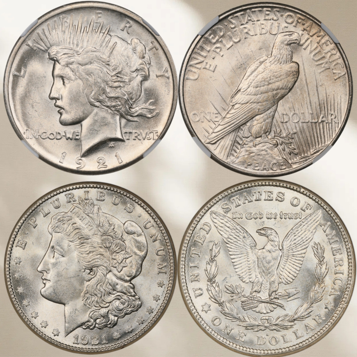 2 Coins,1921 Year, Peace Dollar + Morgan Dollar, 90% Silver $1 U.S Coin