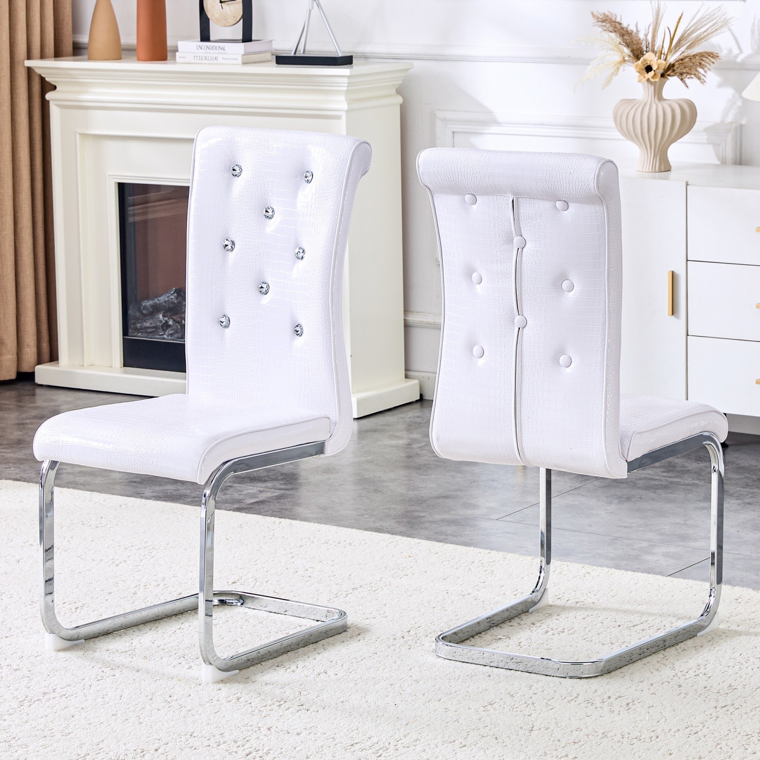 Set of 2 Modern Upholstered Faux Leather Dining Chairs w/ Silver Metal Bow Leg