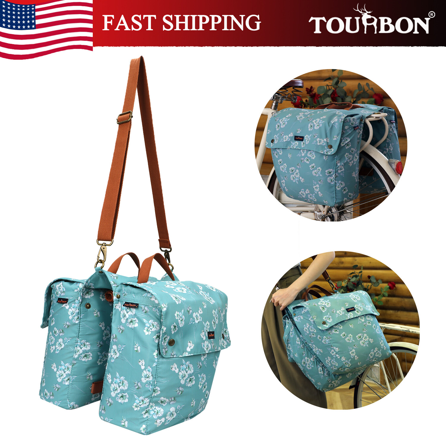 TOURBON Waterproof Canvas Bike Double Pannier Travel Roll up Market Shopping Bag