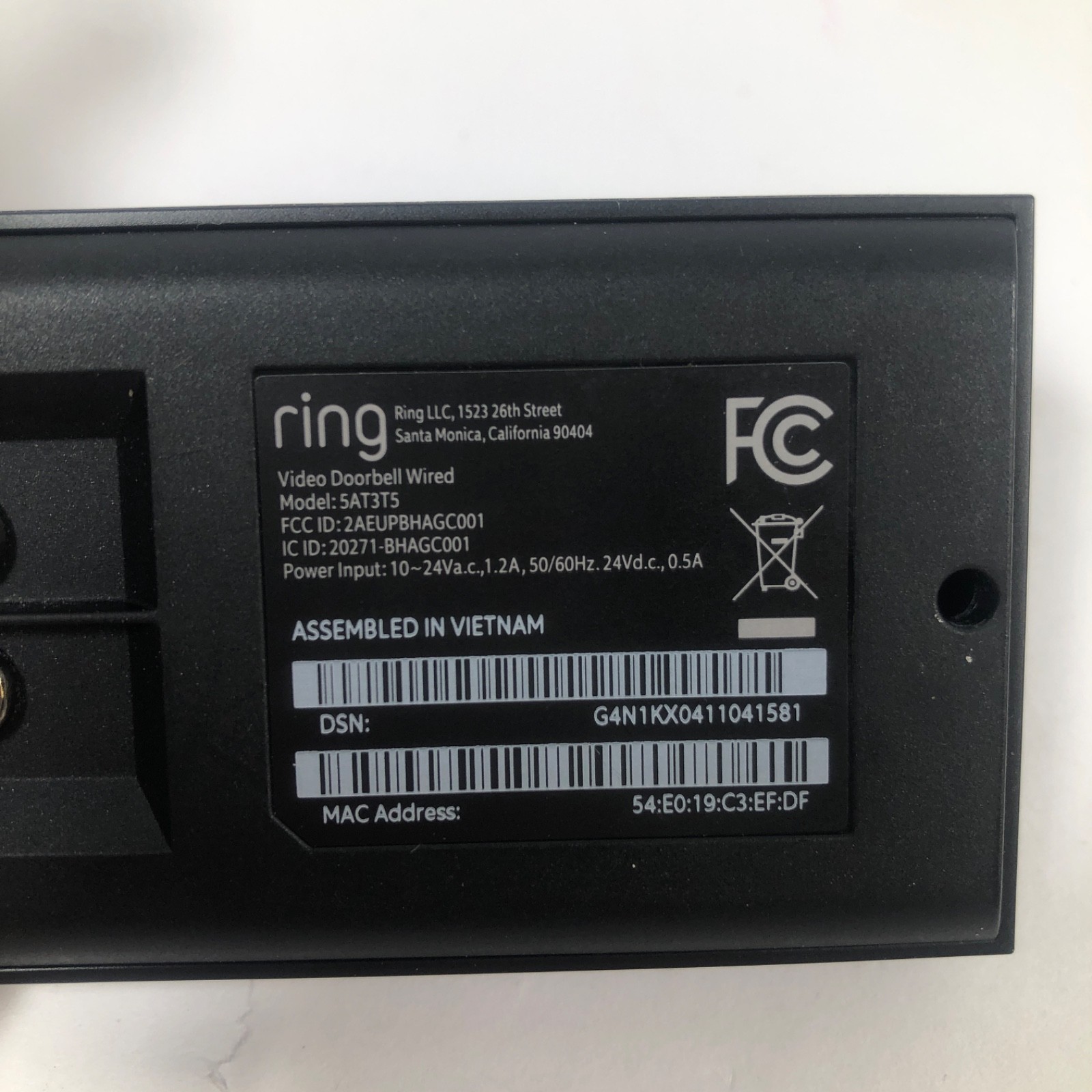 Ring Video Doorbell Wired Model 5AT3T5 HD and Chime