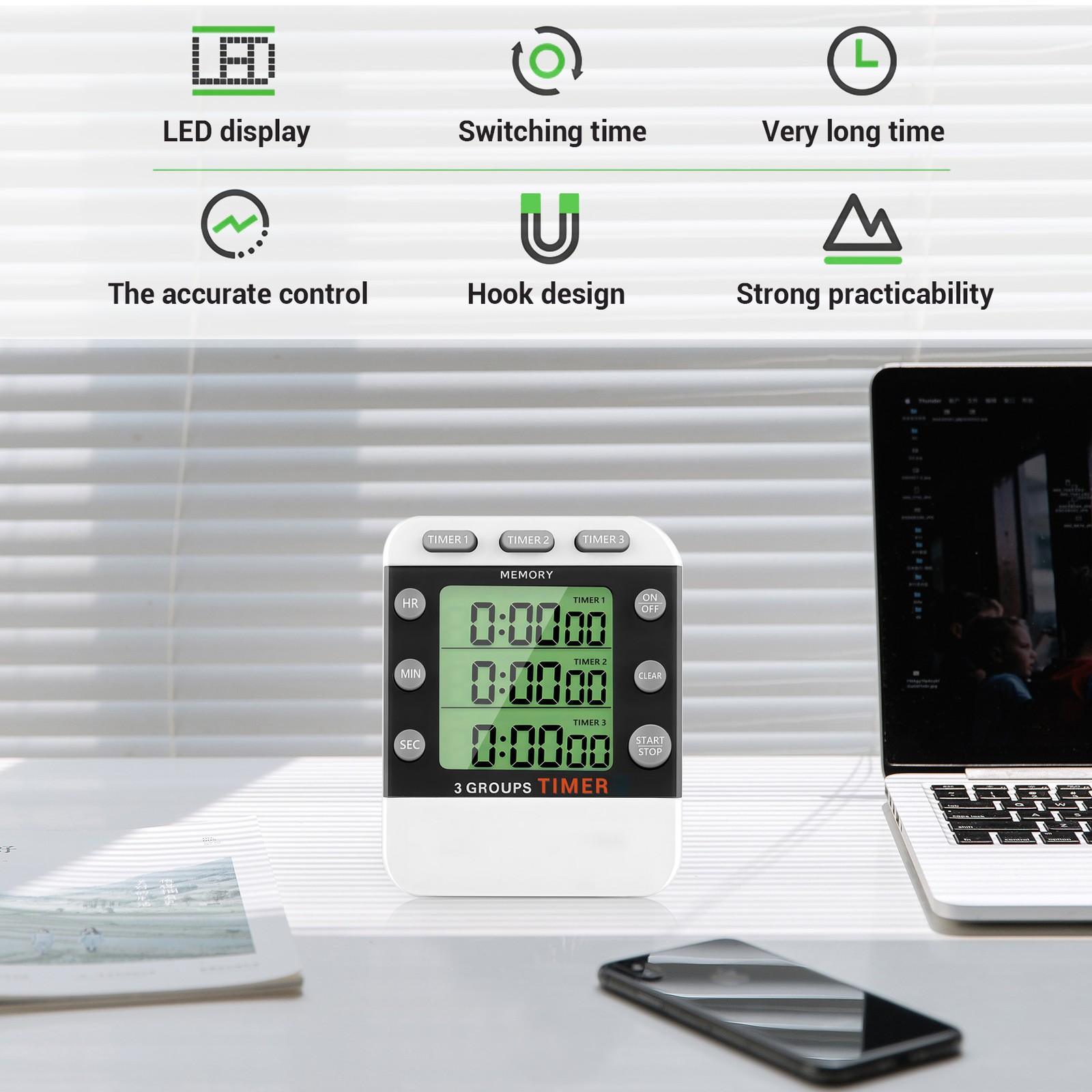Digital Dual Kitchen Timer, 3 Channels Count /Down Timer, Triple Cooking7743