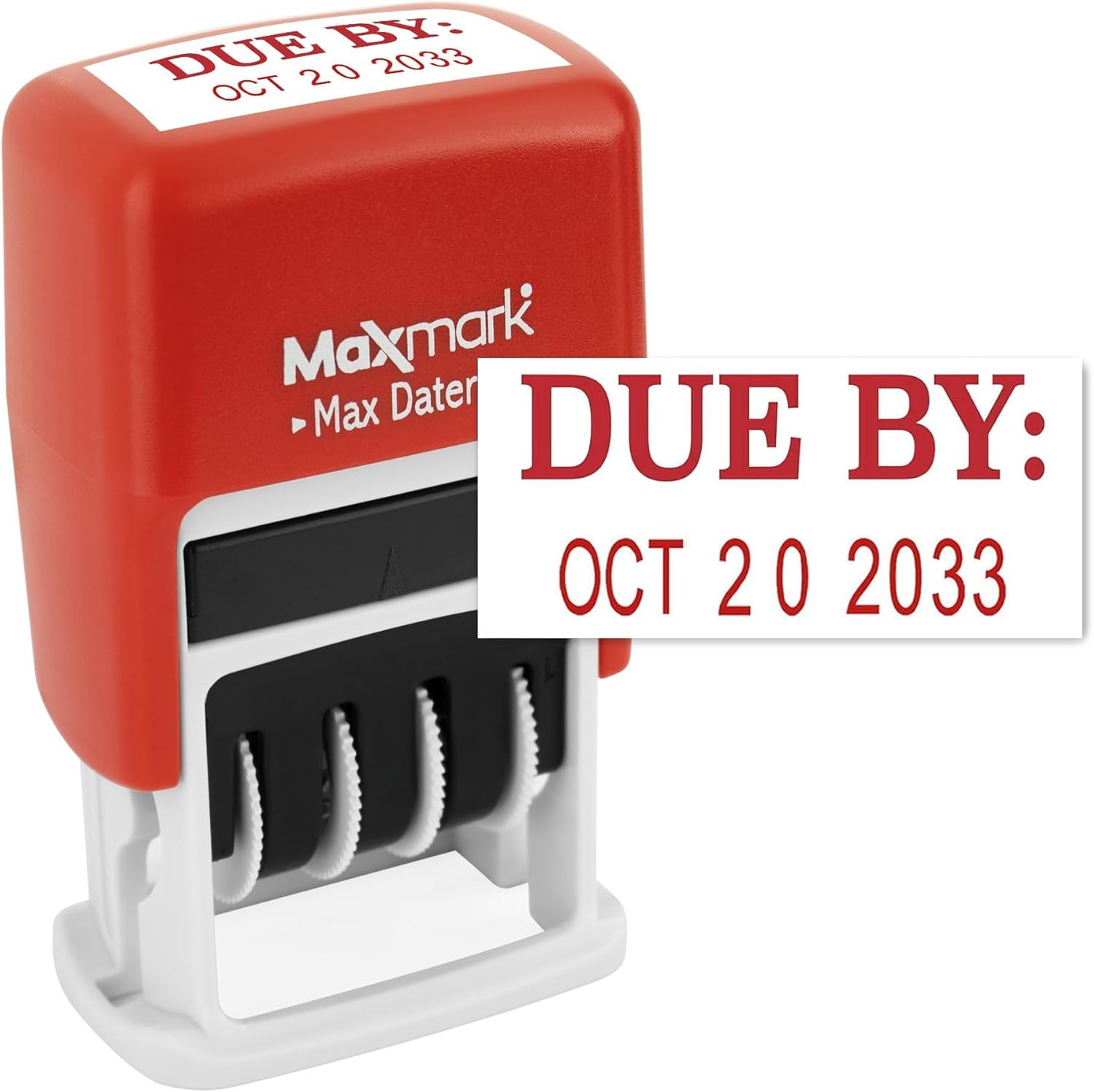 Self-Inking Rubber Date Office Stamp with Due by Phrase & Date - Red Ink (Max Da