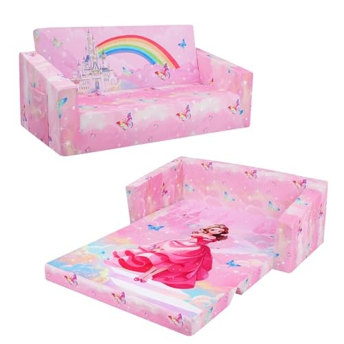Foldable Kids Sofa Couch 2 in 1 Children Convertible Sofa to Princess Castle