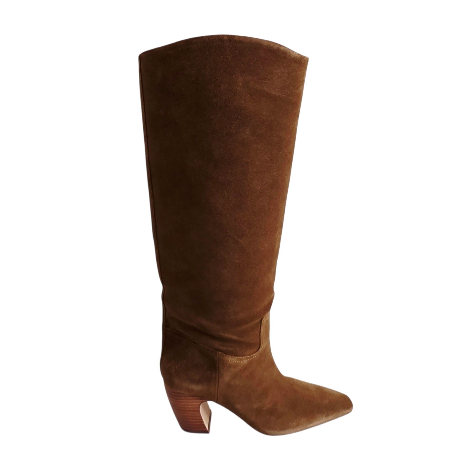 Vince Camuto Brown Tall Suede Leather Heeled Boots Pointy Toe Wide Calf Size 8.5