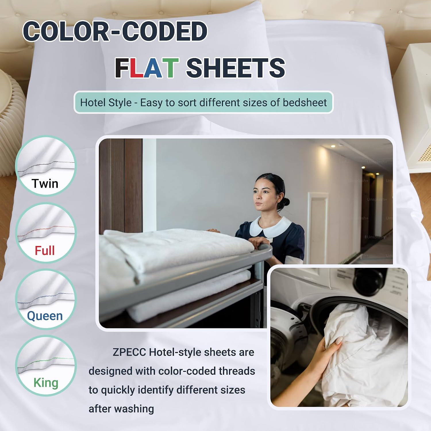 ZPECC White Bulk Flat Sheets Only Full Size 6 Pack, Easy Sort Top Bed Sheet by C