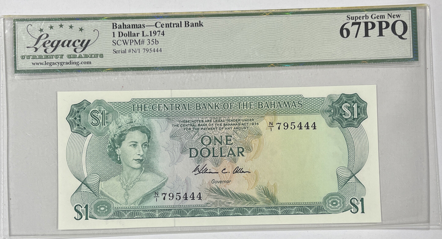 Bahamas Central Bank 1 Dollar L. 1974 Central America Superb Gem New 67PPQ