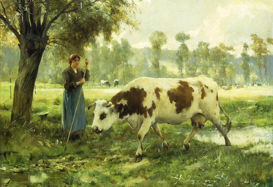 Oil painting countrywoman with milk cows landscape Russian Shishkin Levitan 36"