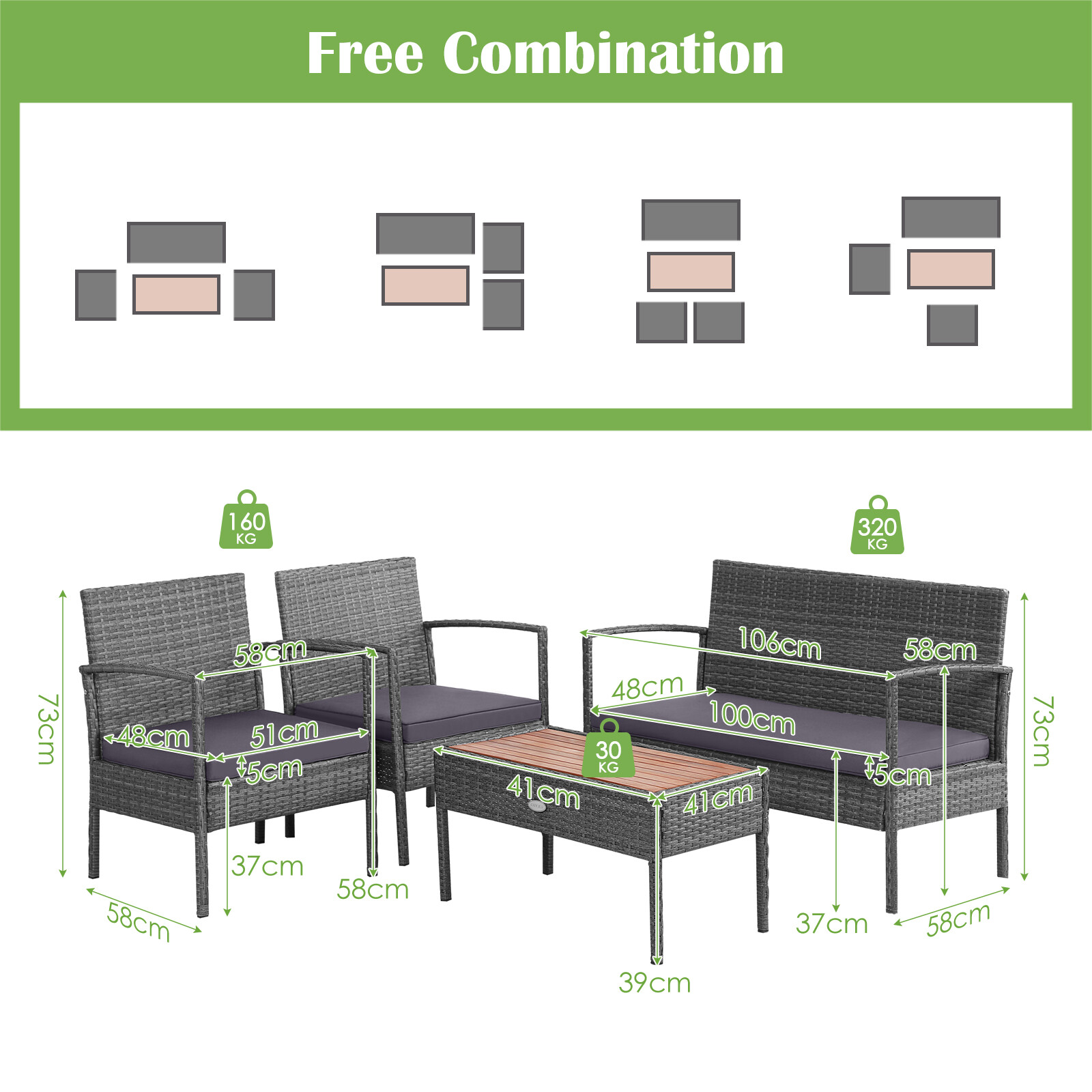 4PCS Patio Rattan Furniture Set Cushioned Chair Wooden Tabletop Outdoor Gray