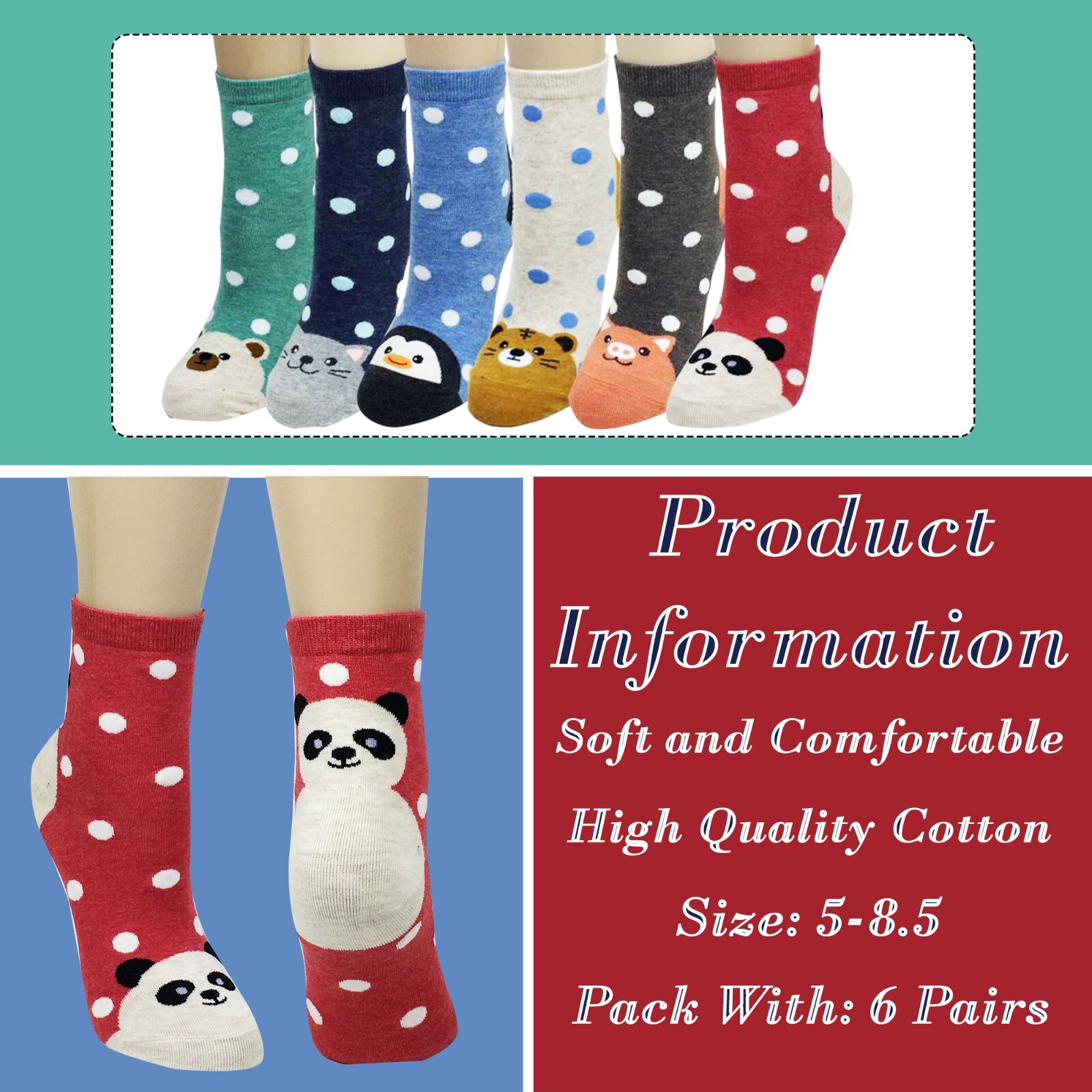 Wrapables Novelty Mix Animal Print Crew Socks (6 pack) Cute For Kids Teenagers.