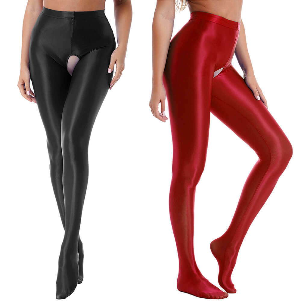 Women Plus Size Wetlook Shiny Pantyhose Satin Glossy Stockings Crotchless Tights