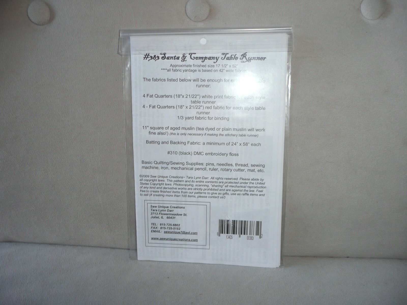 Sew Unique Creations Santa & Company Table Runner Pattern New