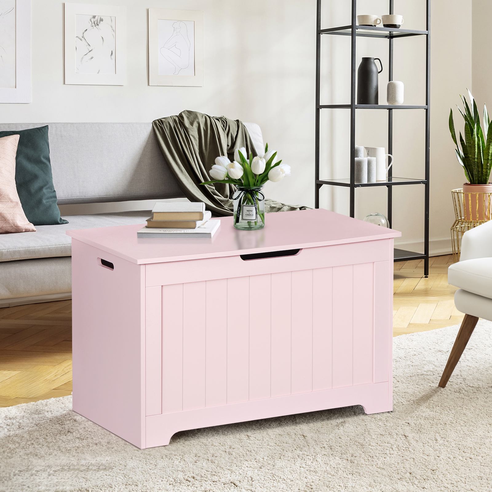 Pink Wooden Toy Box Lift Up Top Storage Chest Kids Toy Bin Bedroom Living Room