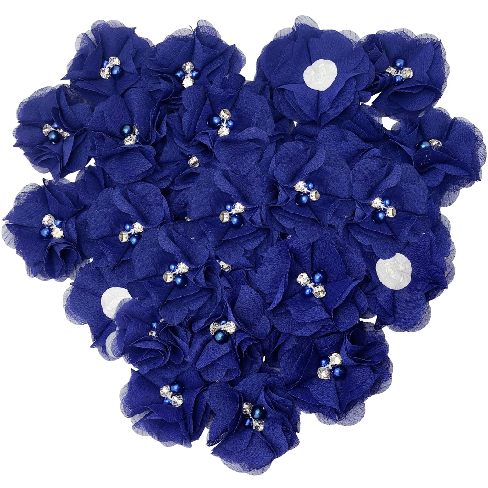 30 PCS 2" Dark Blue Rhinestone Chiffon Flower Fabric Appliques for Clothing