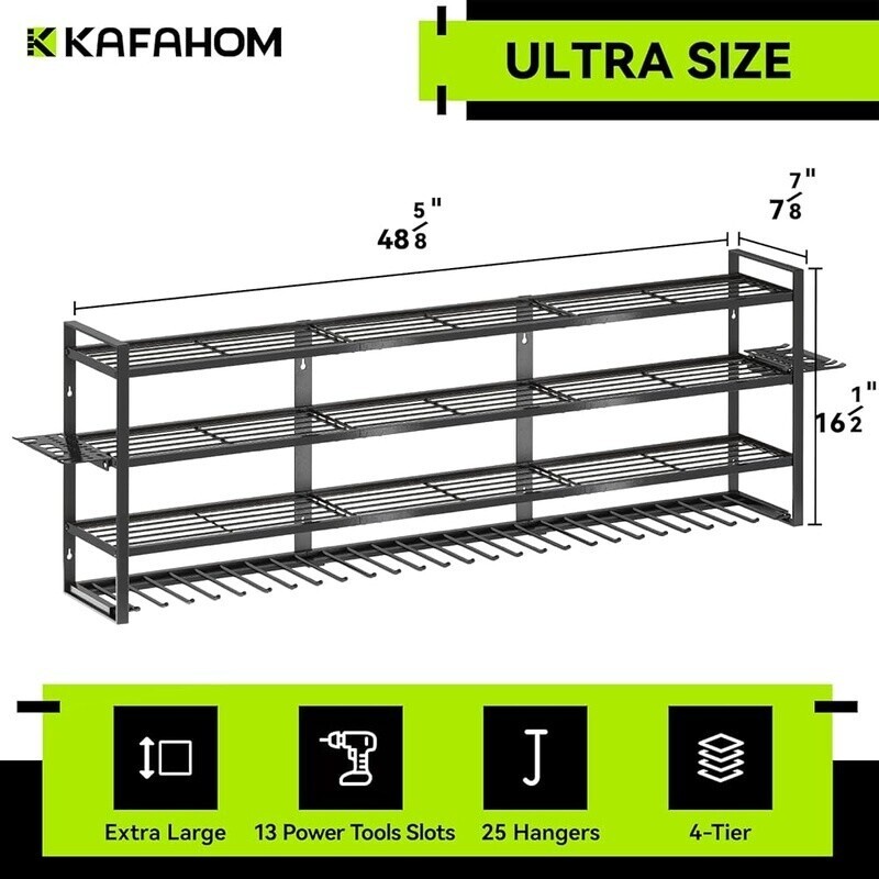Large Power Tool Organizer Wall Mount 4-Tier Rack 13 Drill Holder W/ Accessories