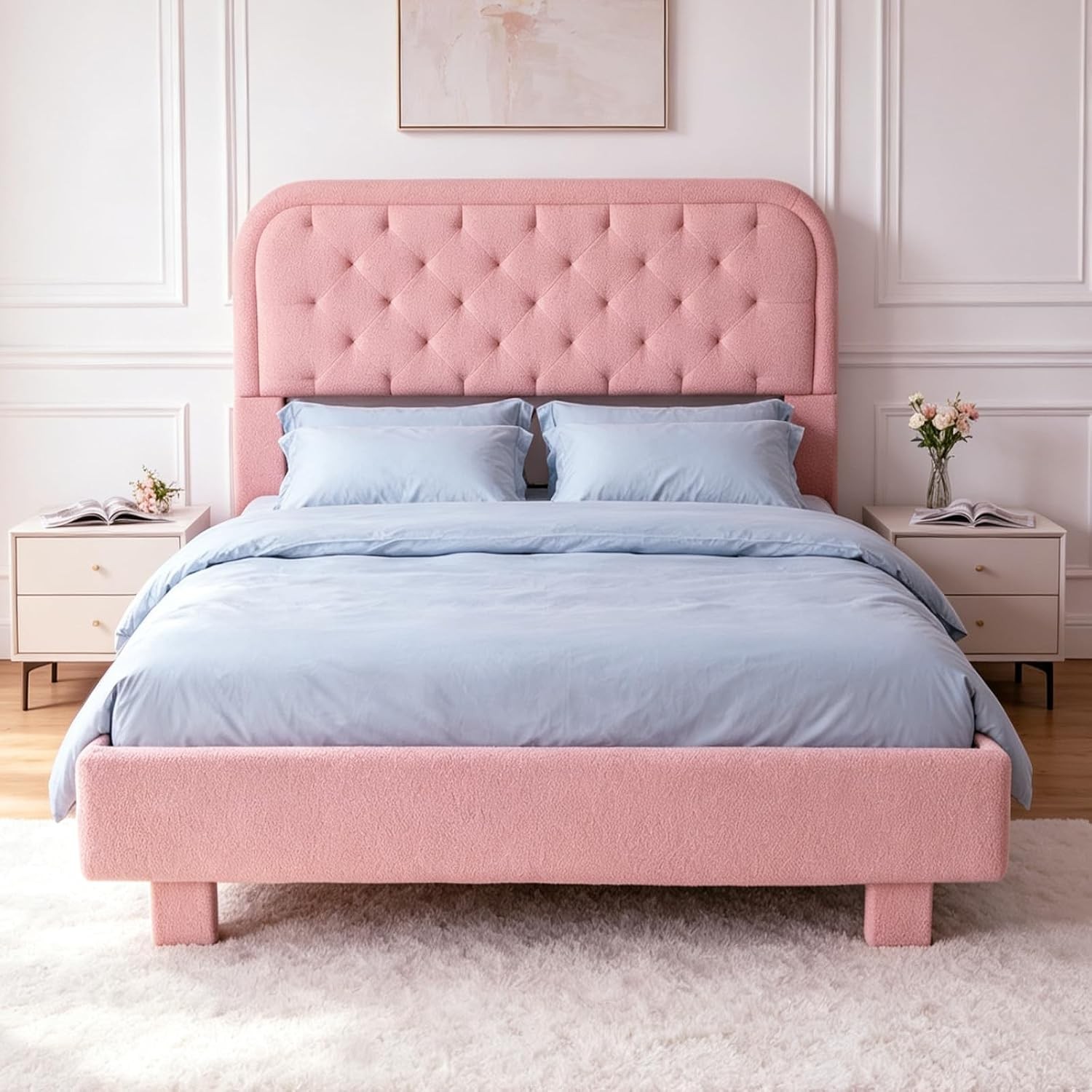 White Queen Bed Frame Boucle Upholstered Platform Bed with Rounded Corner