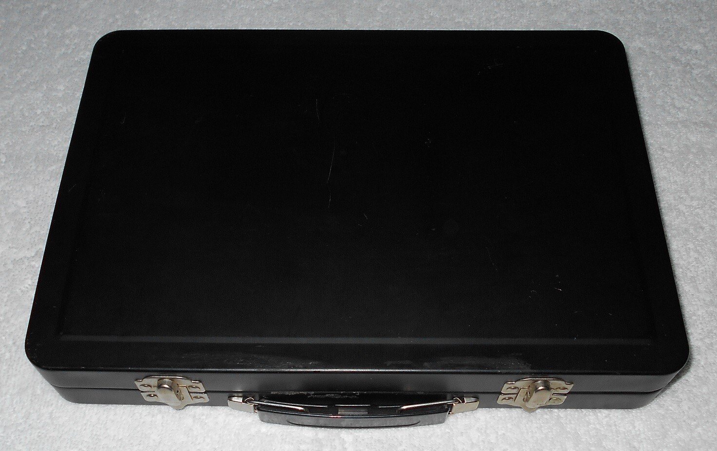 Flat Metal Storage Case Box - Black - Plastic Handle - Silver Hinges & Clasps