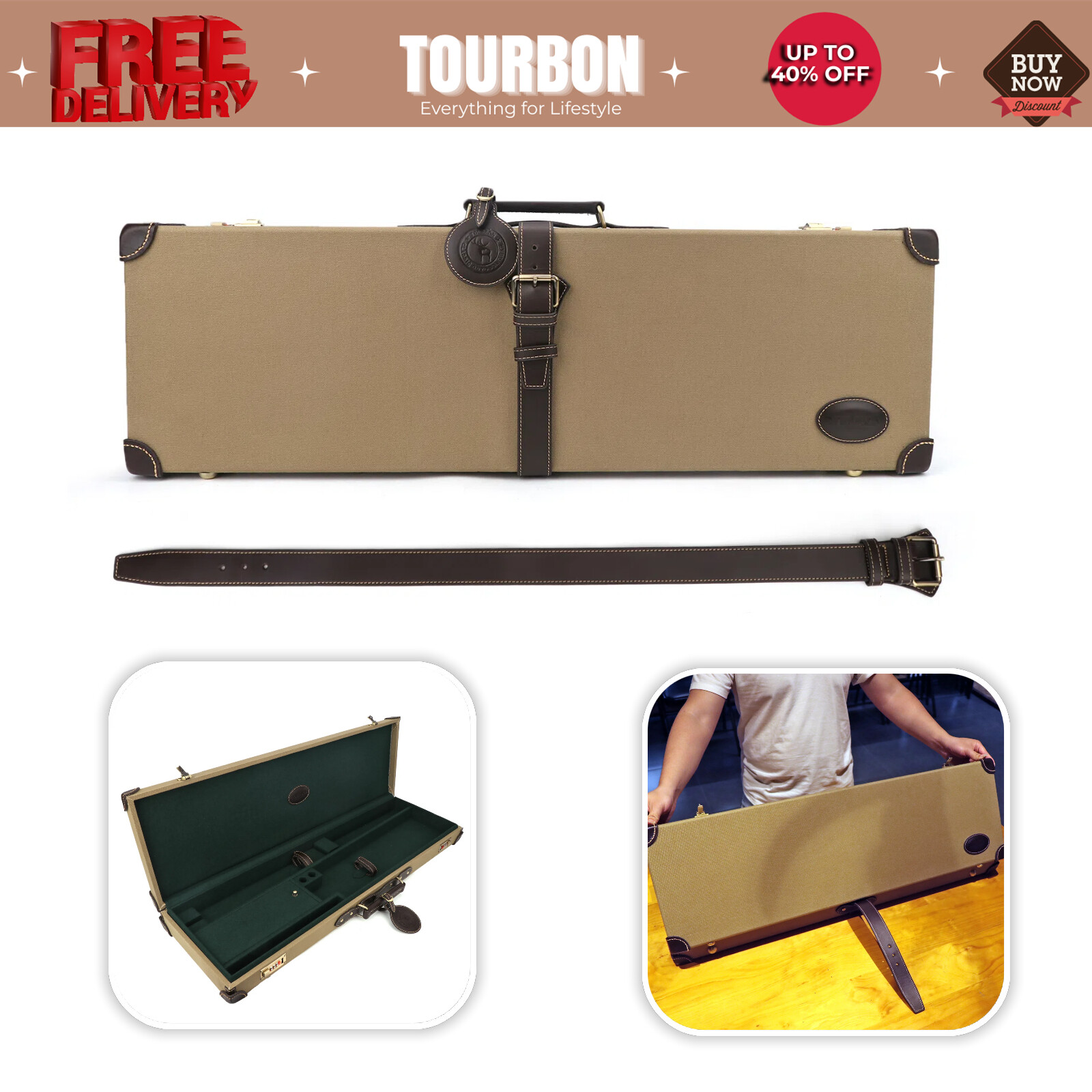 Tourbon Canvas Leather Shotgun Box Gun Safe Hard Case Weapon Firearm Storage Box